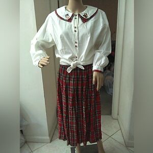 VINTAGE Bechamel Red & Green Plaid A-Line Skirt W/ White PLAID Blouse SZ. MED